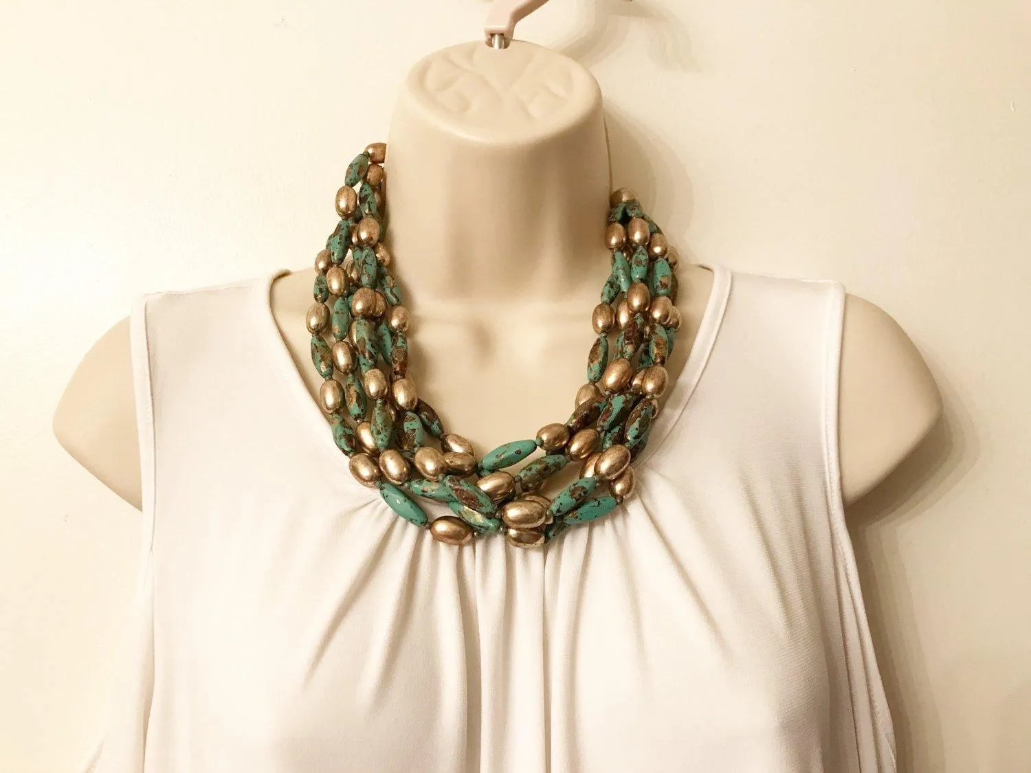 Lovely Six Strand Turquoise and Gold Bead Necklace