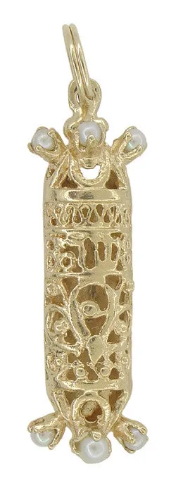 Mezuzah Charm Set With Pearls in 14 Karat Gold