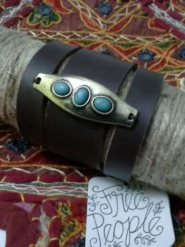 Monza Leather Cuff Bracelet Brown Silver Tone And Turquoise Stones Festival Ready Stack Your Bracelets!