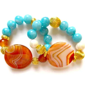 Orange-Striped Onyx, Aquamarine & Pearl Gemstone Beaded Bracelet (Two Designs)