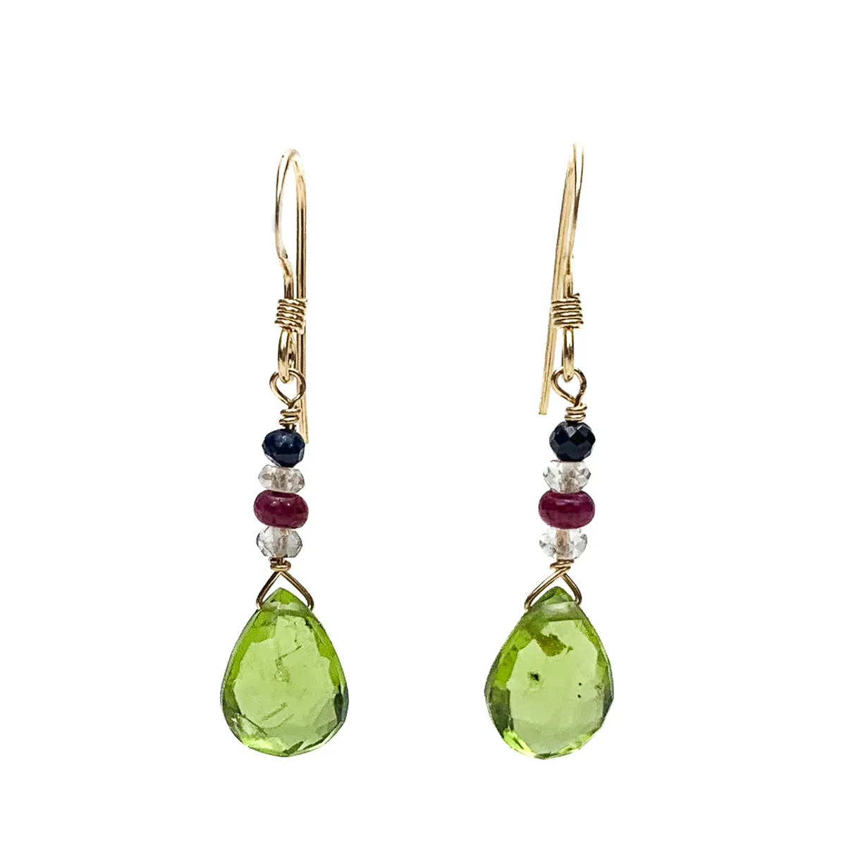 Peridot, Sapphire and Ruby Earrings with Gold Filled Ear Wires