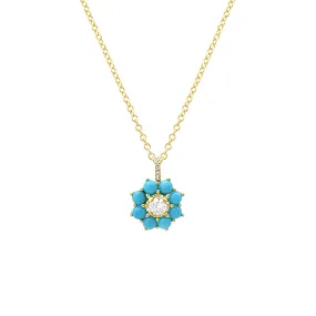 Petite Statement Turquoise Flower Pendant Necklace with Illusion Diamond Center