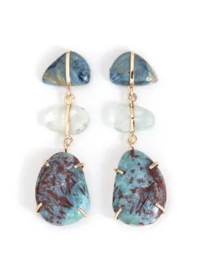 Pietersite, Aquamarine and Larimar Triple Drop Earrings