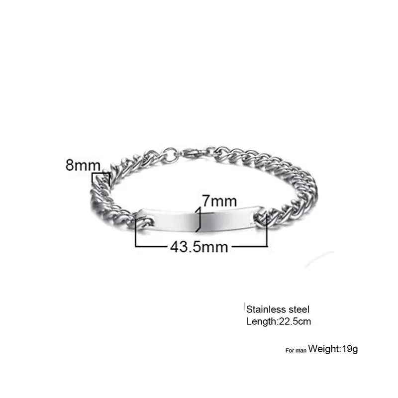 Plate Id Tag Bar Bracelet Cuban Link Chain Brazalets Engravable Name Stainless Steel Bracelet for Men Women Couple Bangle Jewels