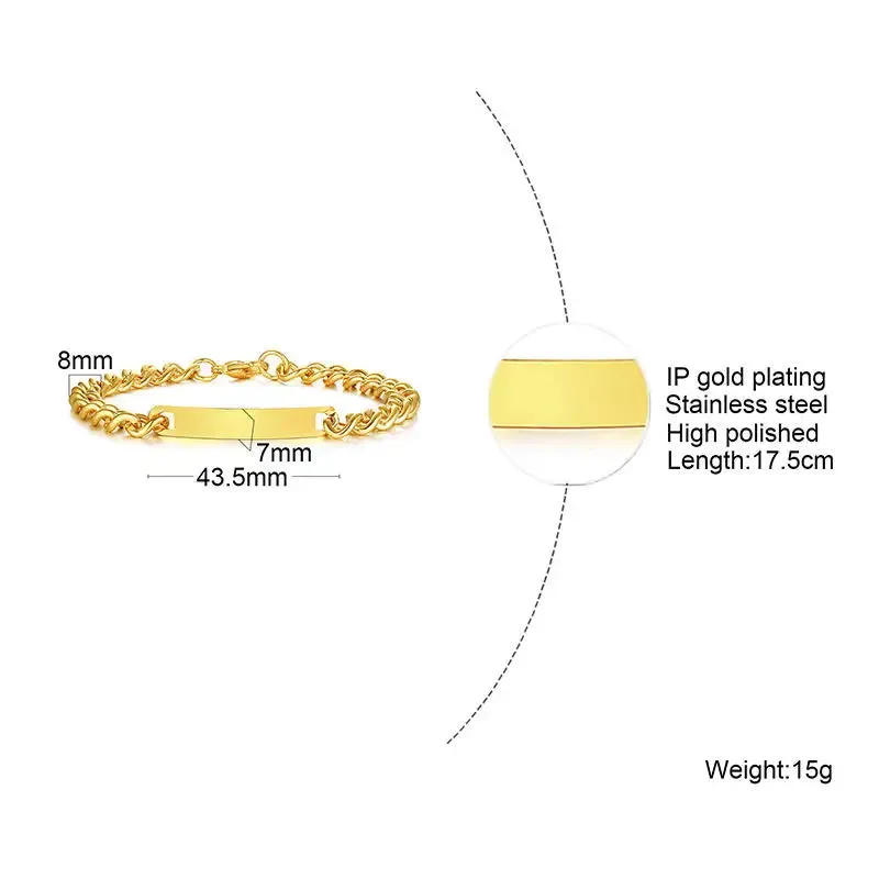 Plate Id Tag Bar Bracelet Cuban Link Chain Brazalets Engravable Name Stainless Steel Bracelet for Men Women Couple Bangle Jewels