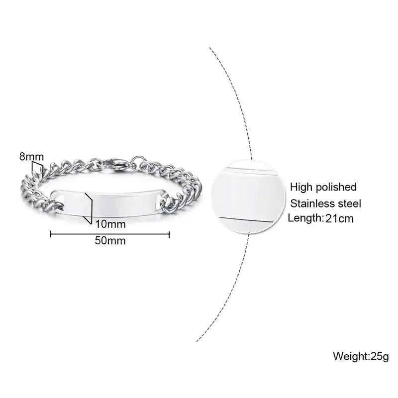 Plate Id Tag Bar Bracelet Cuban Link Chain Brazalets Engravable Name Stainless Steel Bracelet for Men Women Couple Bangle Jewels