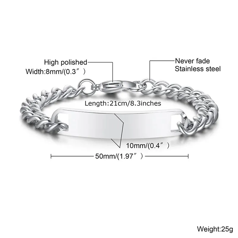 Plate Id Tag Bar Bracelet Cuban Link Chain Brazalets Engravable Name Stainless Steel Bracelet for Men Women Couple Bangle Jewels