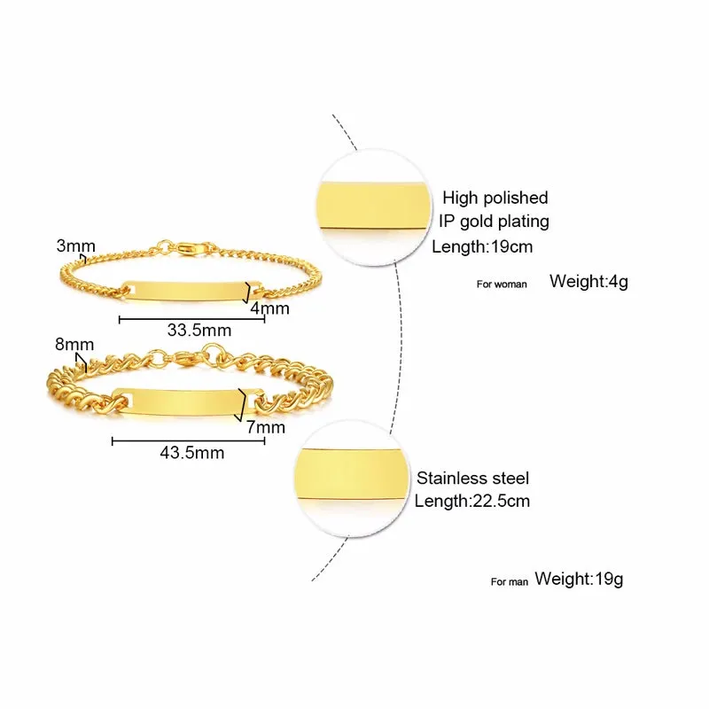 Plate Id Tag Bar Bracelet Cuban Link Chain Brazalets Engravable Name Stainless Steel Bracelet for Men Women Couple Bangle Jewels