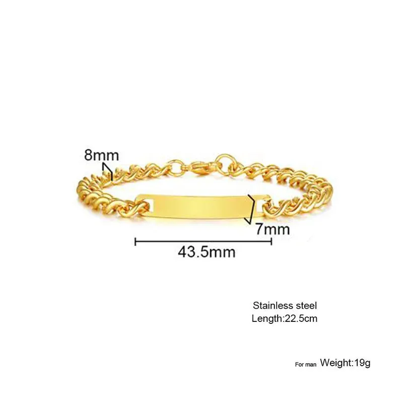 Plate Id Tag Bar Bracelet Cuban Link Chain Brazalets Engravable Name Stainless Steel Bracelet for Men Women Couple Bangle Jewels