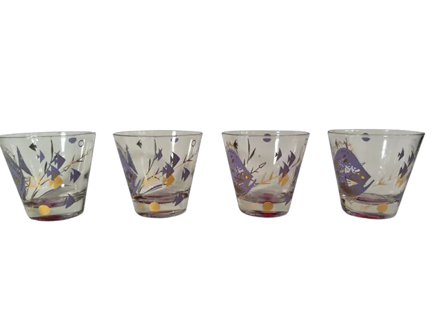 Psyche Signed Mid-Century Purple Under The Sea Old Fashion Glasses (Set of 4)