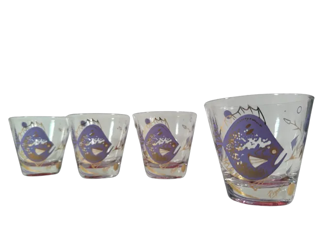 Psyche Signed Mid-Century Purple Under The Sea Old Fashion Glasses (Set of 4)