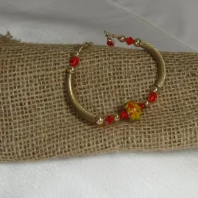 Red & Gold Artisan Bead Gold Bangle Bracelet