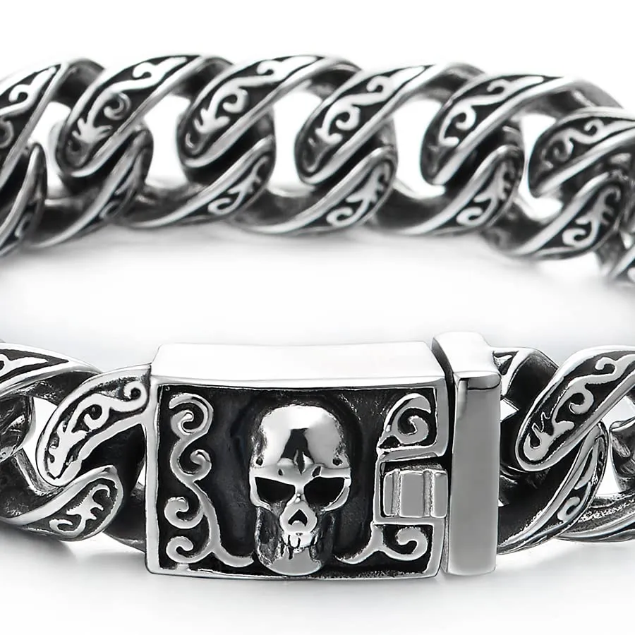 Retro Style Mens Women Steel Filigree Tattoo Patterns Curb Chain Bracelet with Skull Box Clasp