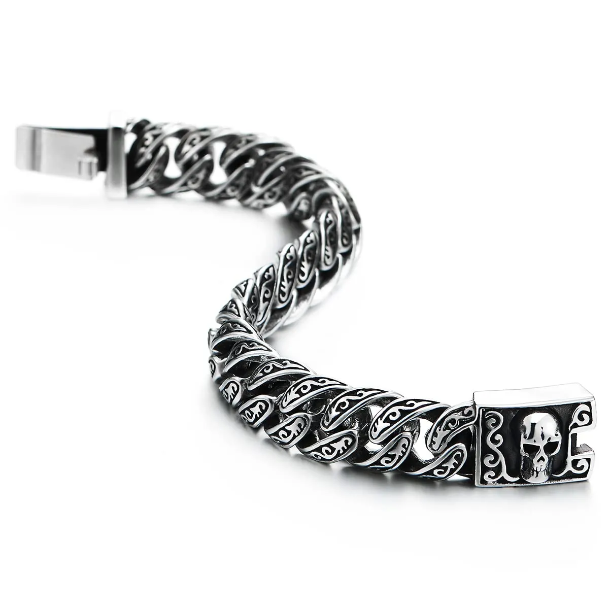 Retro Style Mens Women Steel Filigree Tattoo Patterns Curb Chain Bracelet with Skull Box Clasp