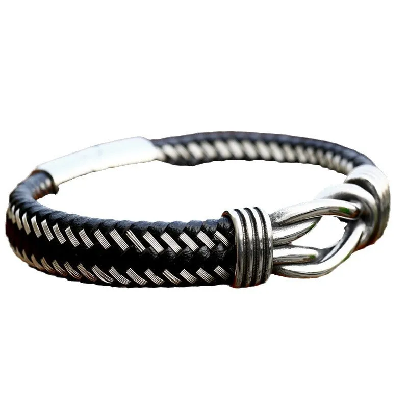 Retro Titanium Steel and Leather Men's Bracelet - Trendy Personalized Weaving Fashion Accessory