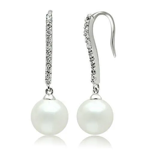 Rhodium Brass Earrings with Synthetic Pearl in White for Women White Stone Color Style 3W086