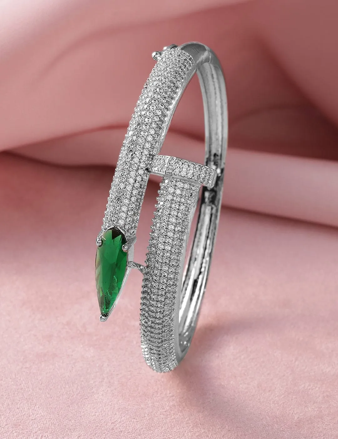 Rhodium-Plated Emerald & Cubic Zirconia Studded Bangle Style Bracelet