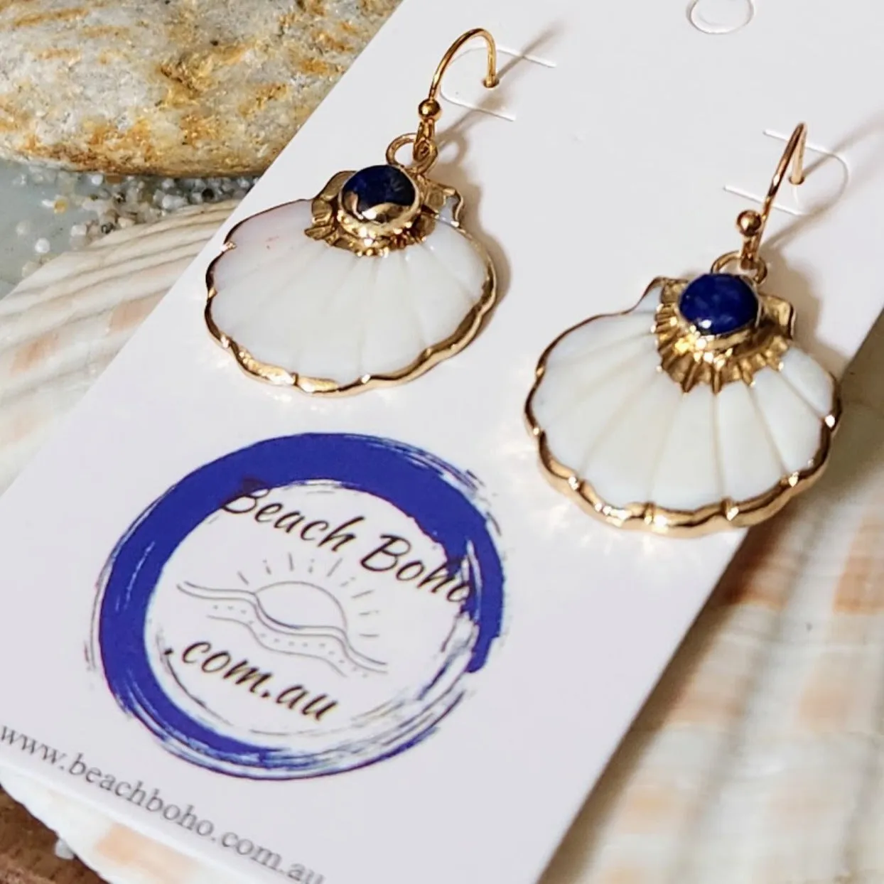 ROYAL BLUE WAVES - CARVED SHELL ELECTROPLATED HOOK EARRINGS