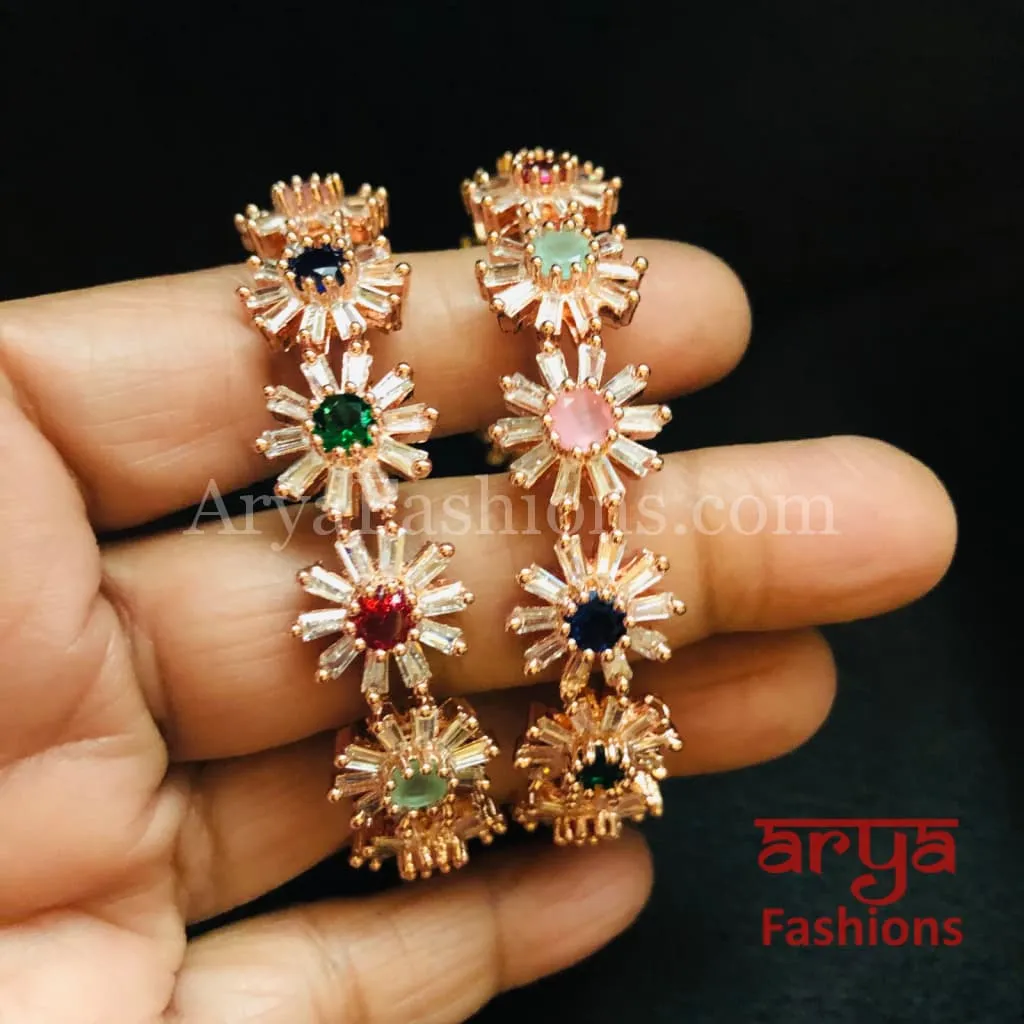 Ruhi Rose Gold Cubic Zirconia Designer Bangles with Multicolor Stones