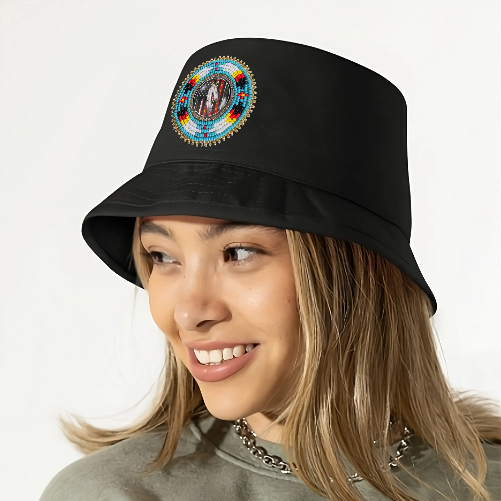 SALE 50% OFF - Flag Feather Beaded Unisex Cotton Bucket Hat with Native American