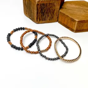 Set of Four | Happy Hideaway Faux Wood Beaded Bracelet Set with Clear Crystals in Black