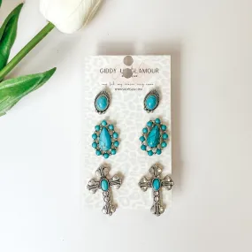 Set Of Three | Multiple Turquoise and Silver Tone Stud Earrings