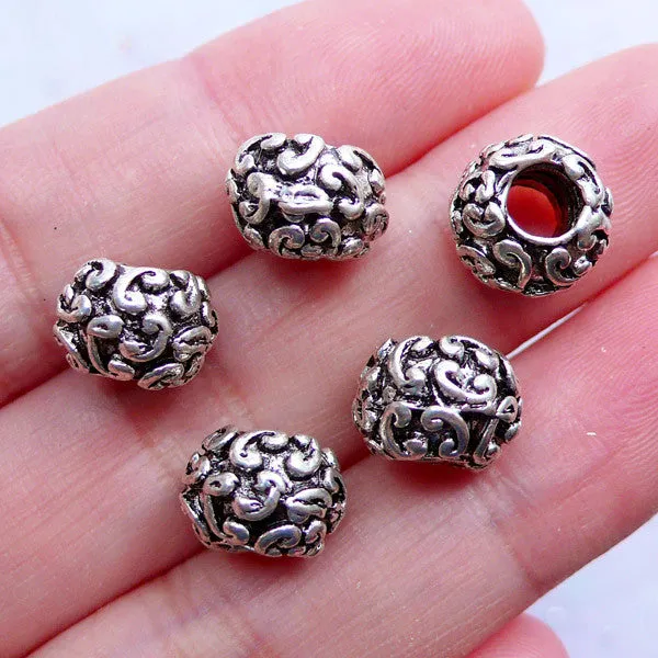 Silver Barrel Drum Beads with Letter C Pattern | Big Hole Beads with Filigree Scroll Pattern | Decorative Spacers | European Charm Bracelet (5pcs / Tibetan Silver / 10mm x 7mm)