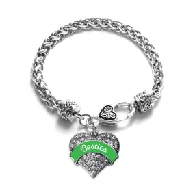 Silver Emerald Green Besties Pave Heart Charm Braided Bracelet