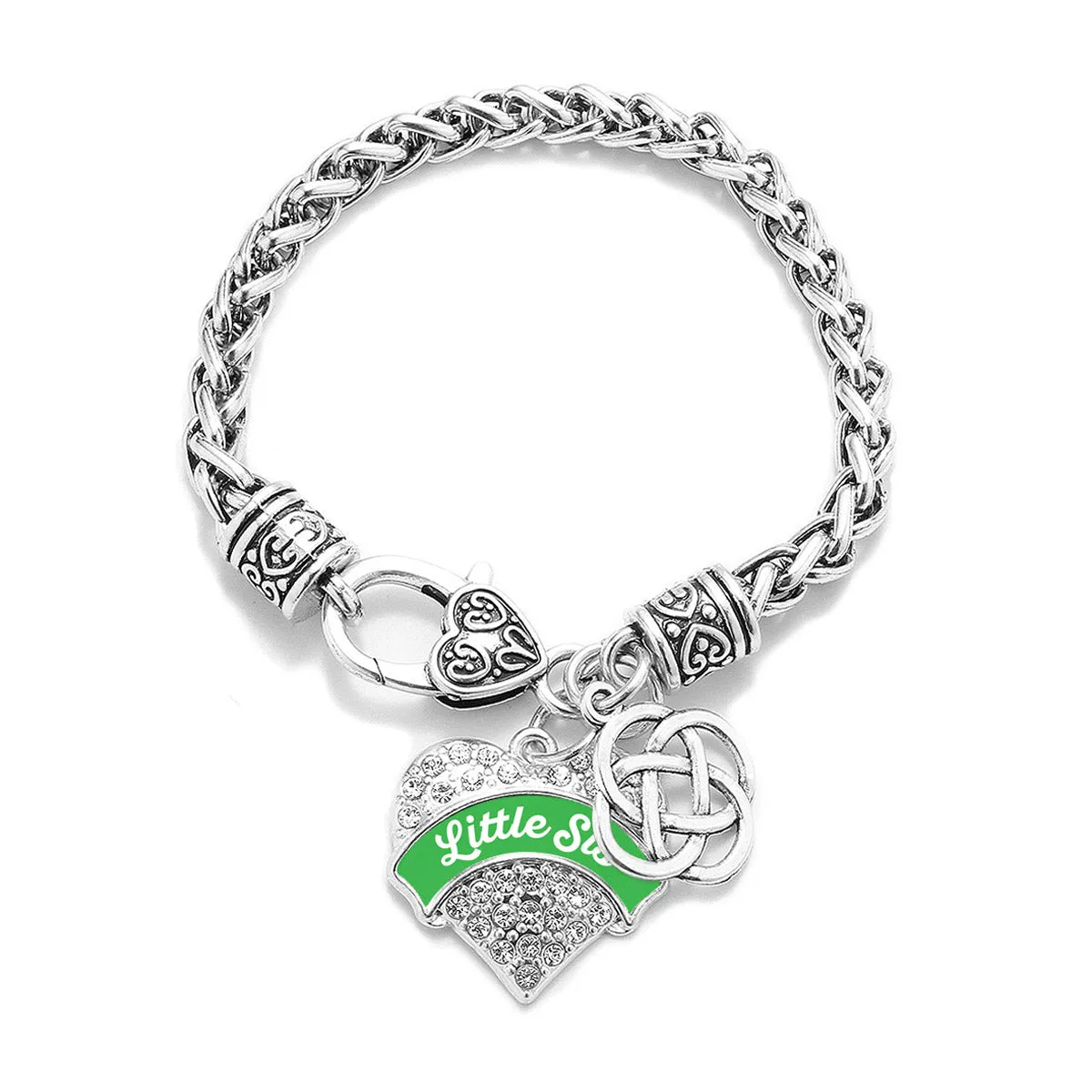 Silver Emerald Green Little Sis Celtic Knot Pave Heart Charm Braided Bracelet