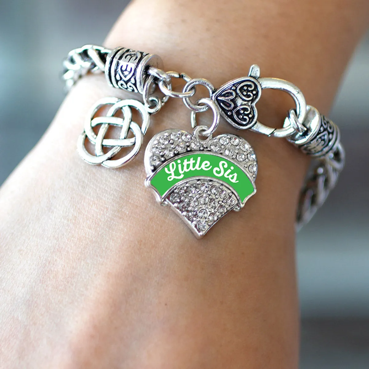 Silver Emerald Green Little Sis Celtic Knot Pave Heart Charm Braided Bracelet