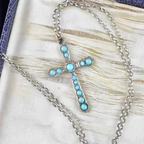 Silver Turquoise Cabochon Cross Pendant Necklace