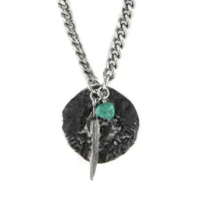 Silver Weathered Disc and Feather Charm with Turquoise Nugget Chain Necklace