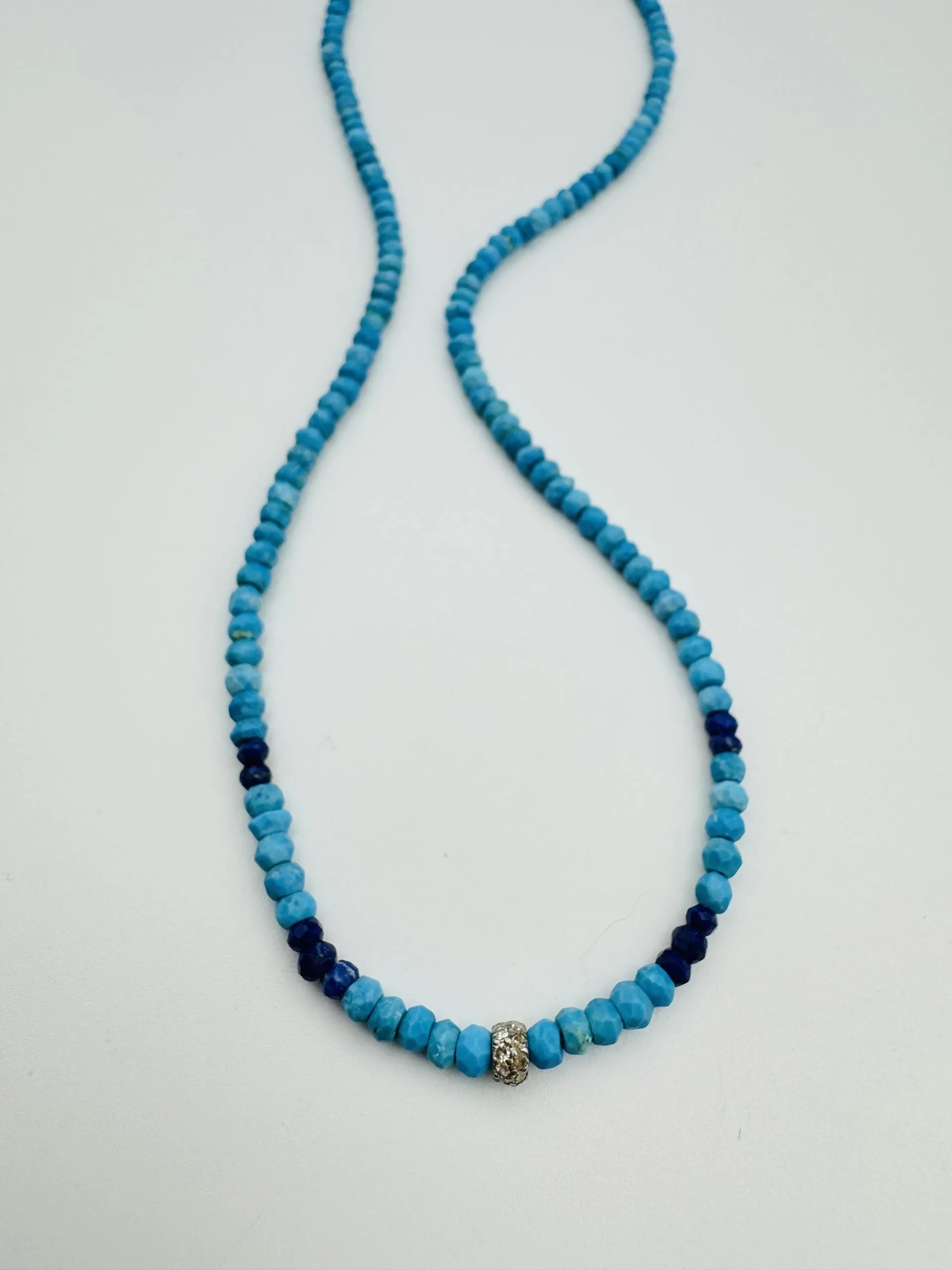 SS DOUBLE DIAMOND RHONDEL LAPIS AND TURQUOISE SEGMENT NECKLACE