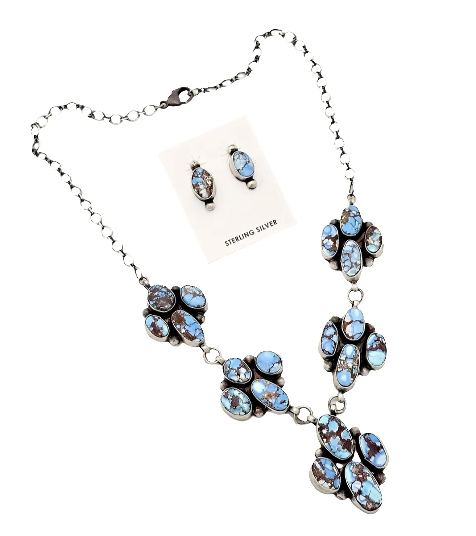 Stamped Sterling Silver Golden Hills Turquoise Cluster Necklace & Earring Set