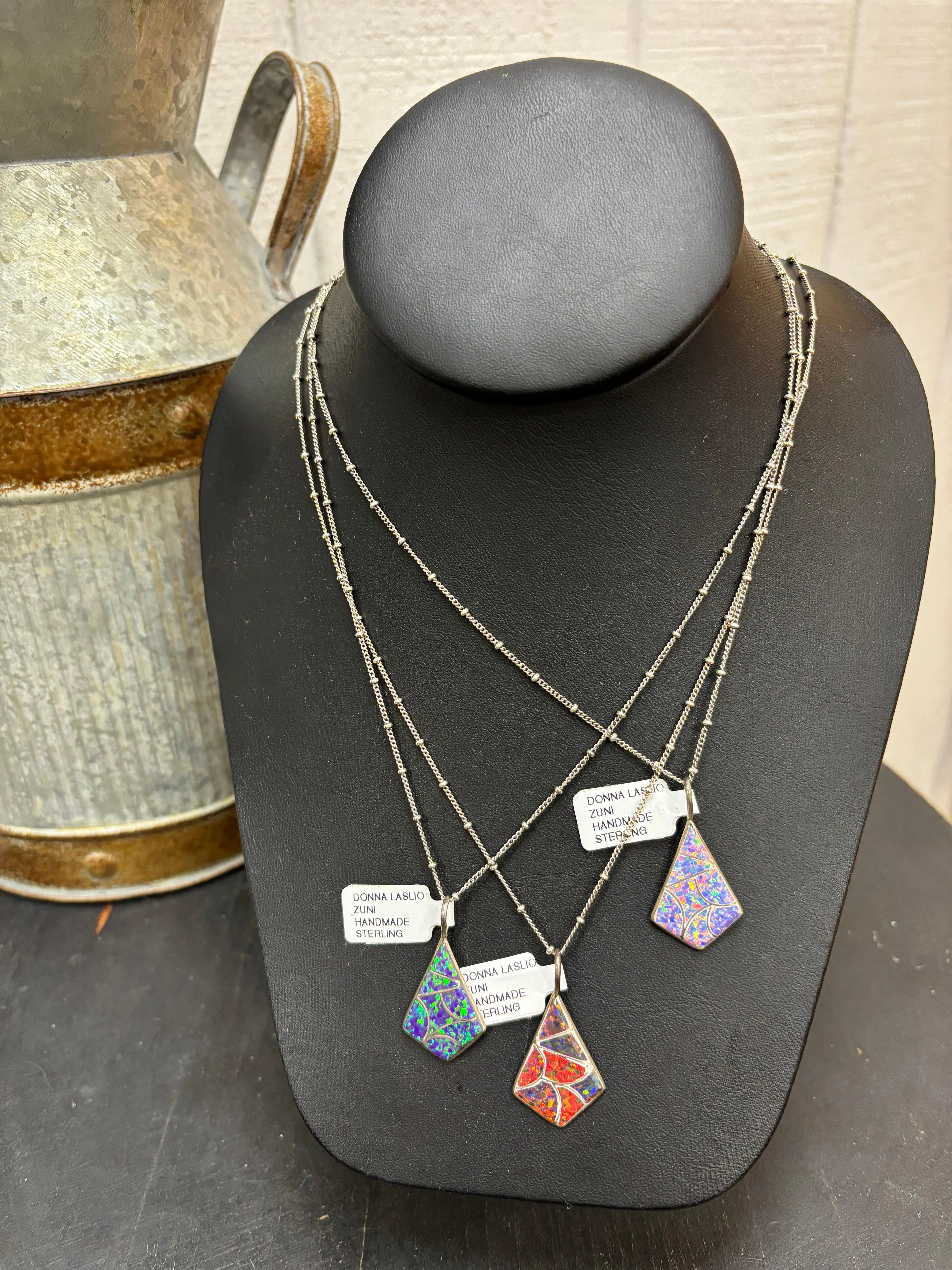 Sterling Silver & Zuni Opal Navajo Necklace by Donna Laslio