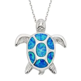 Sterling Silver Blue Inlay Created Opal Sea Turtle Necklace (91099)