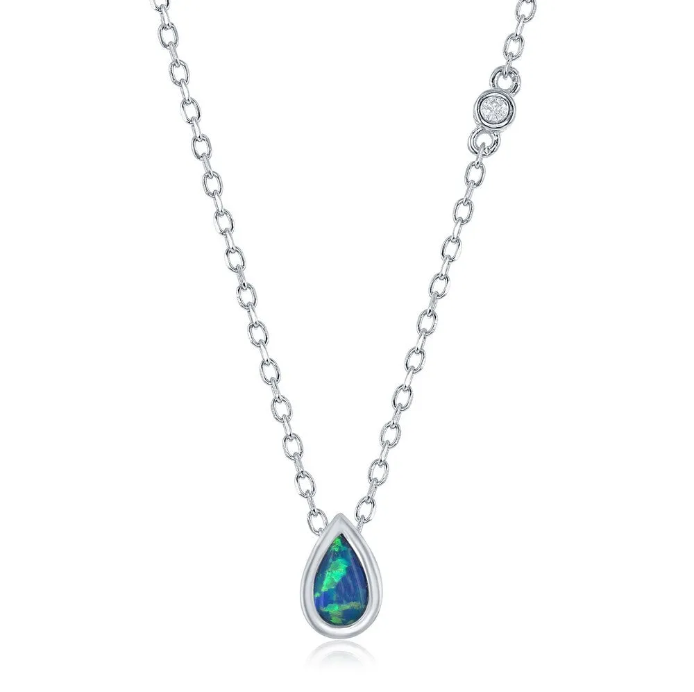 Sterling Silver Created Blue Opal Inlay Teardrop with CZ Necklace (93562)