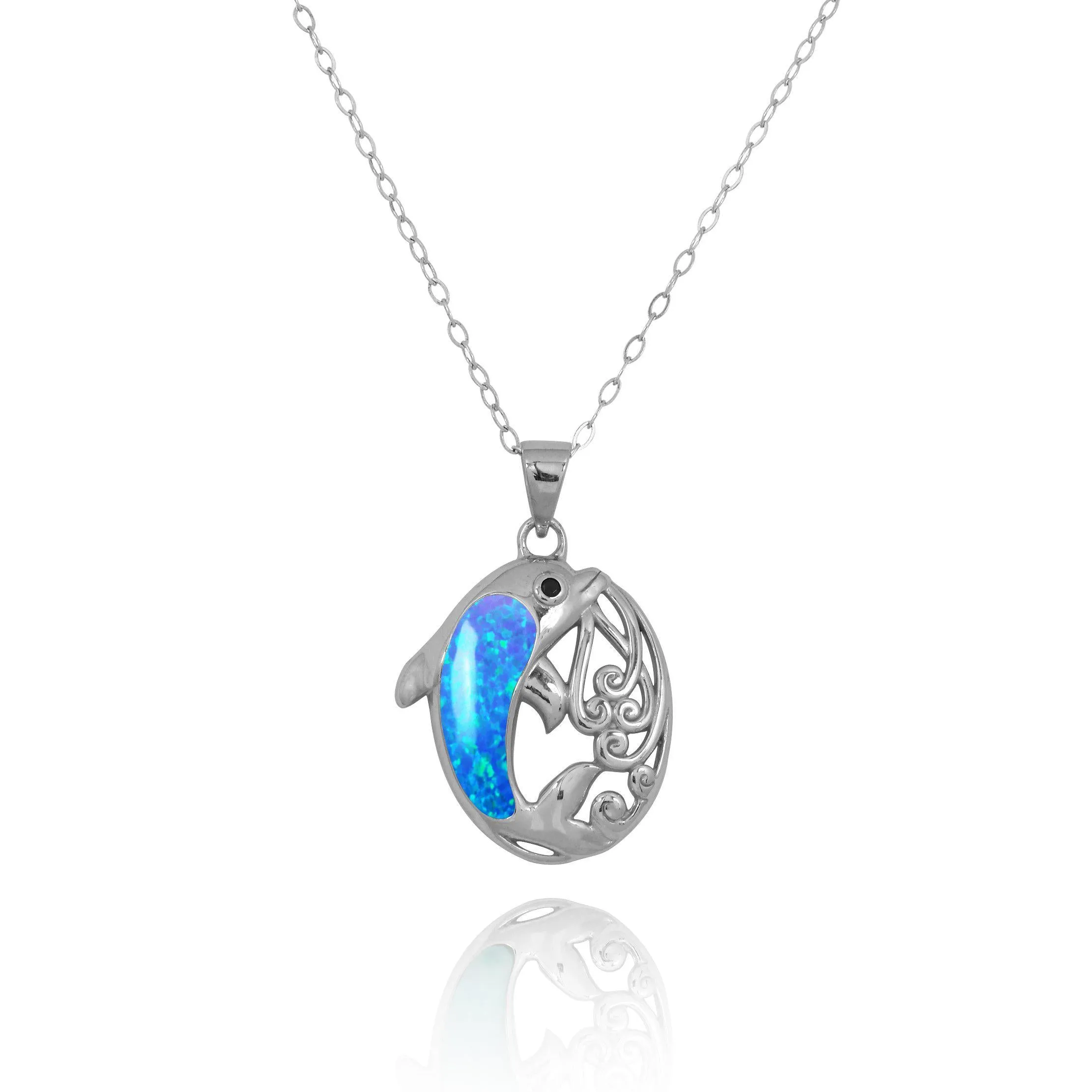 Sterling Silver Dolphin Pendant Necklace with Blue Opal