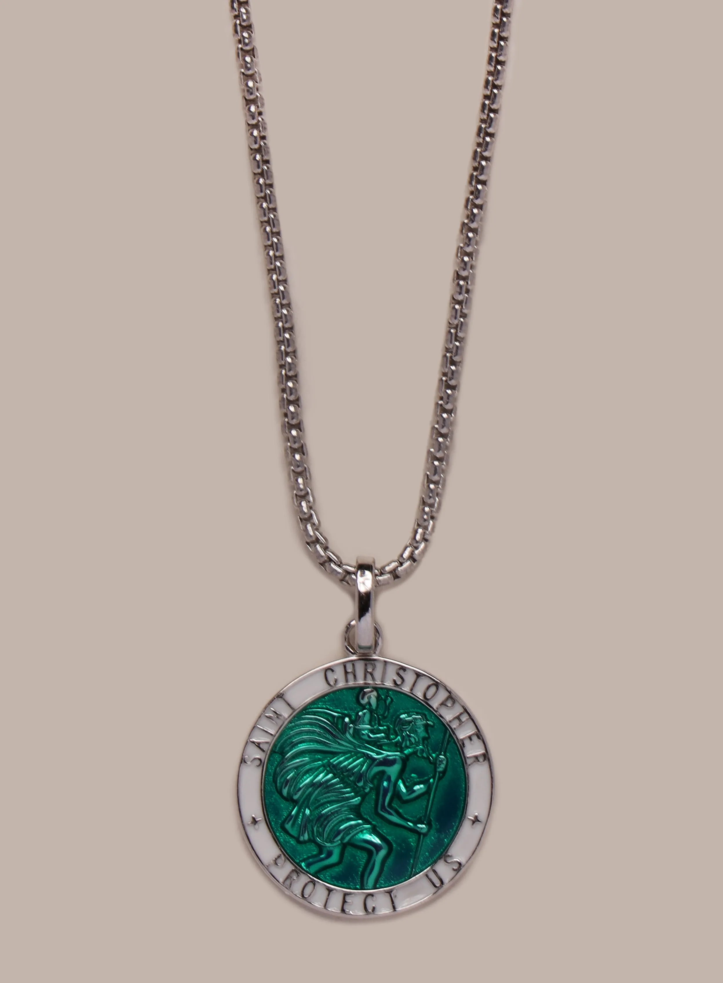 Sterling Silver Emerald Green Enamel Saint Christopher Medal Necklace for Men