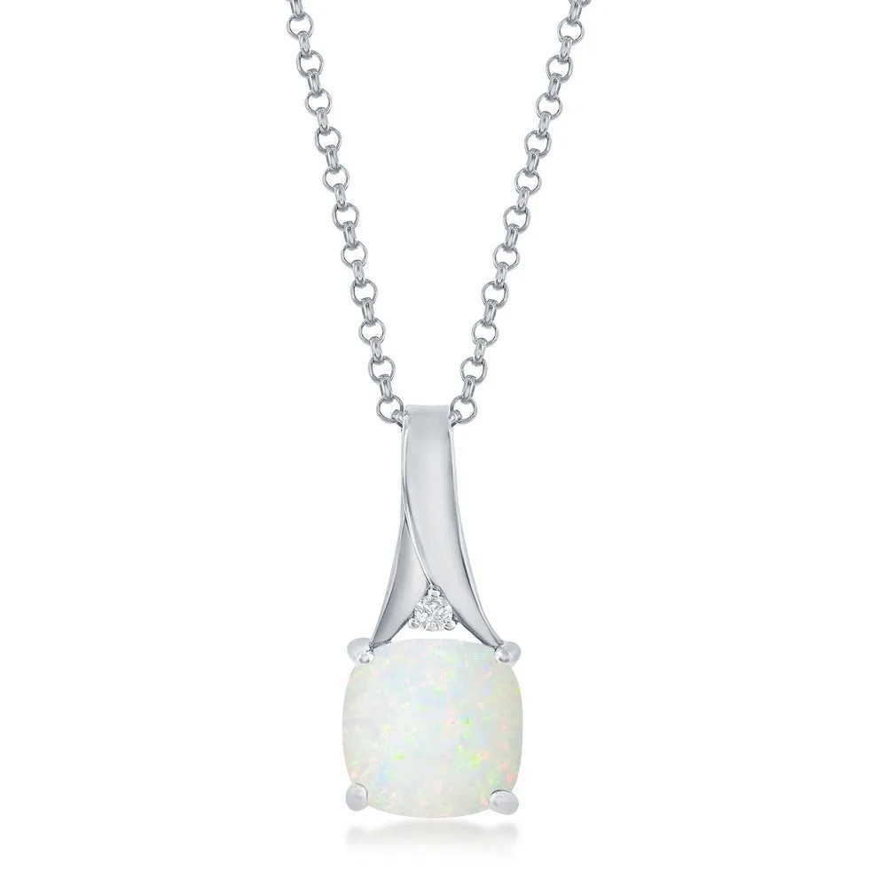 Sterling Silver Square Created White Opal Pendant with CZ Accent Necklace (97592)