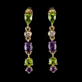 Suffragette Drop Earrings Amethyst Peridot Diamond 9Ct Gold