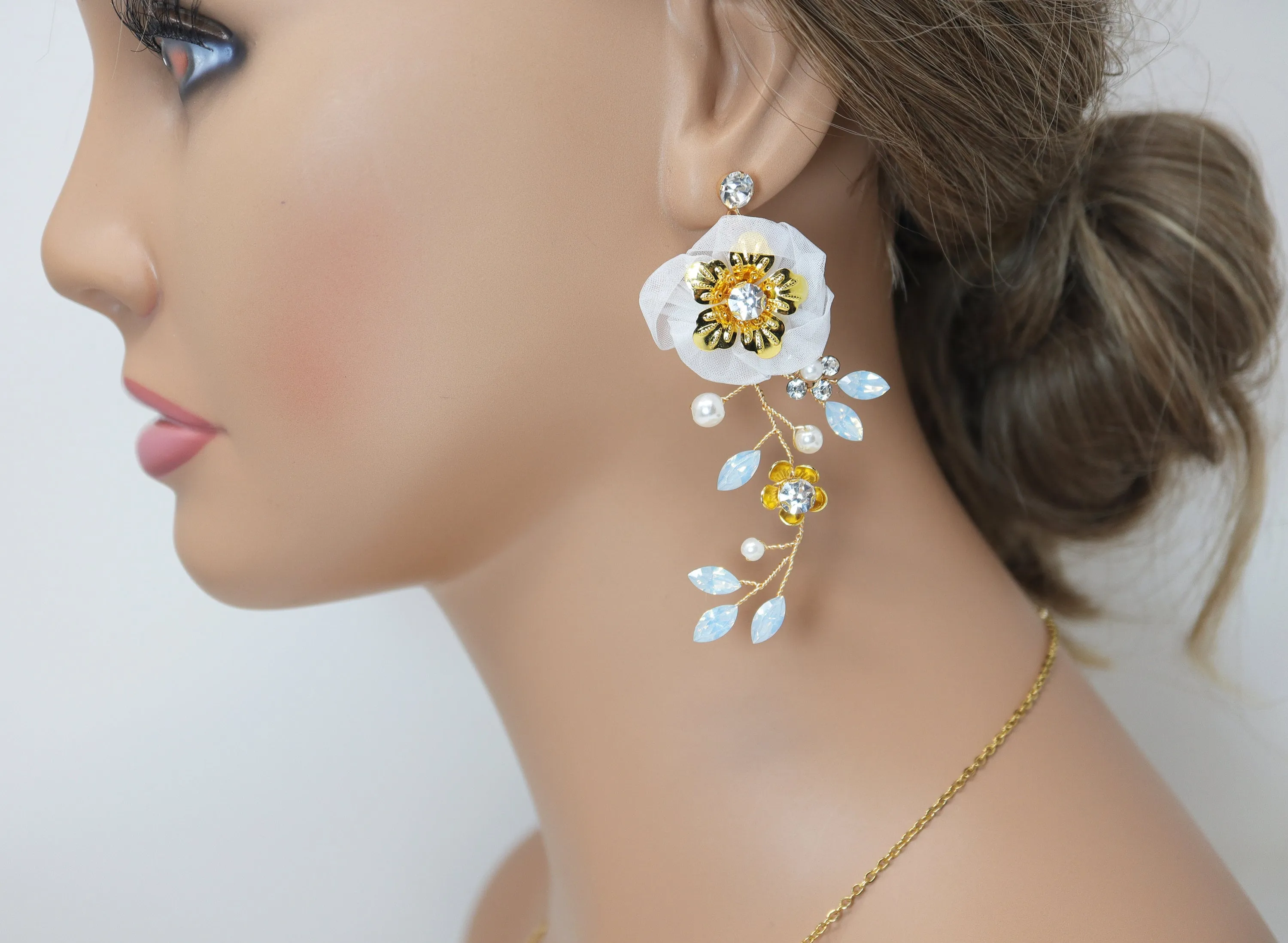 Swarovski Gold Opal Flower Crystal Necklace set , Long Bridal Jewelry Crystal Necklace Bridal Earrings Statement Earrings