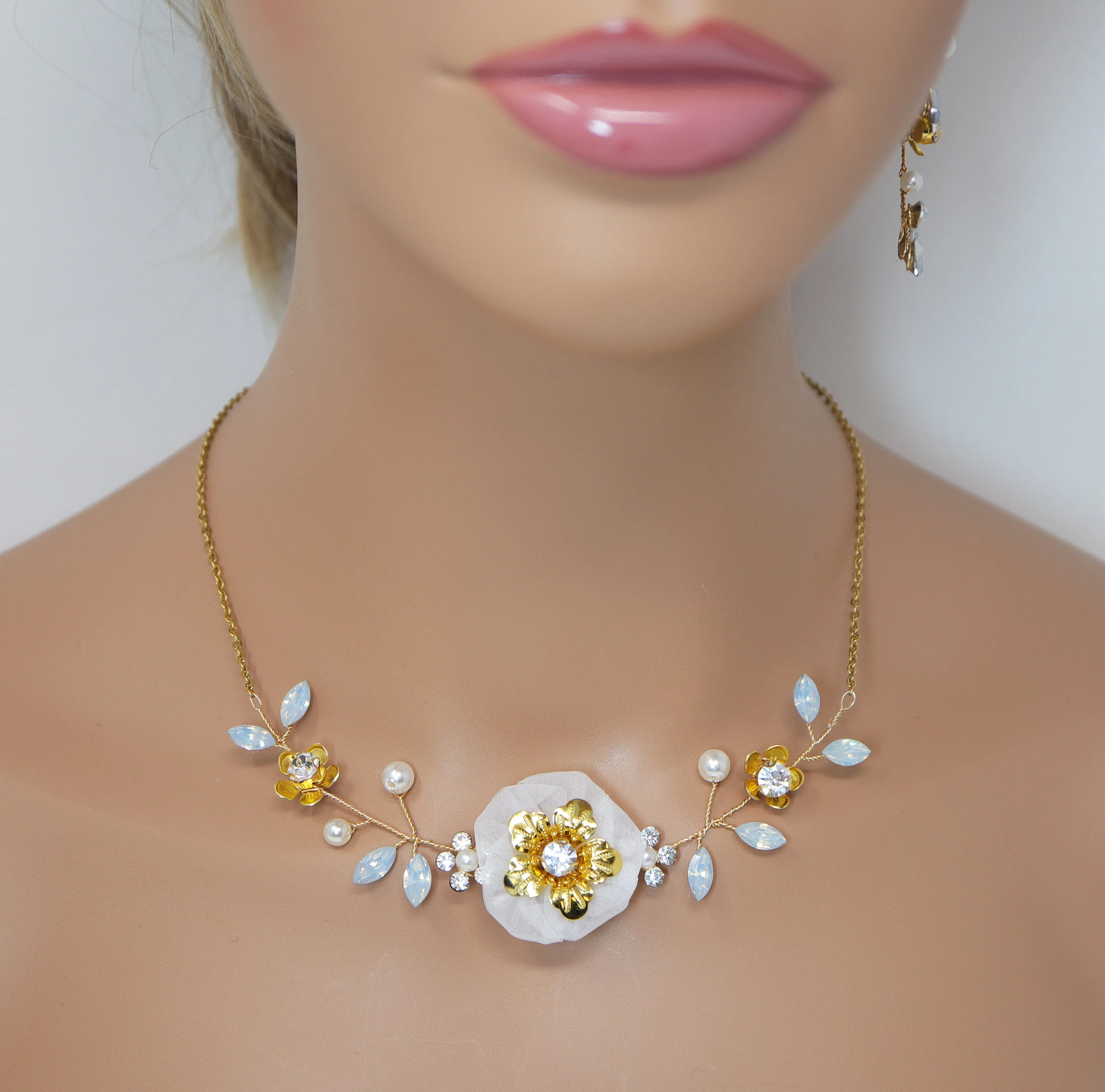 Swarovski Gold Opal Flower Crystal Necklace set , Long Bridal Jewelry Crystal Necklace Bridal Earrings Statement Earrings