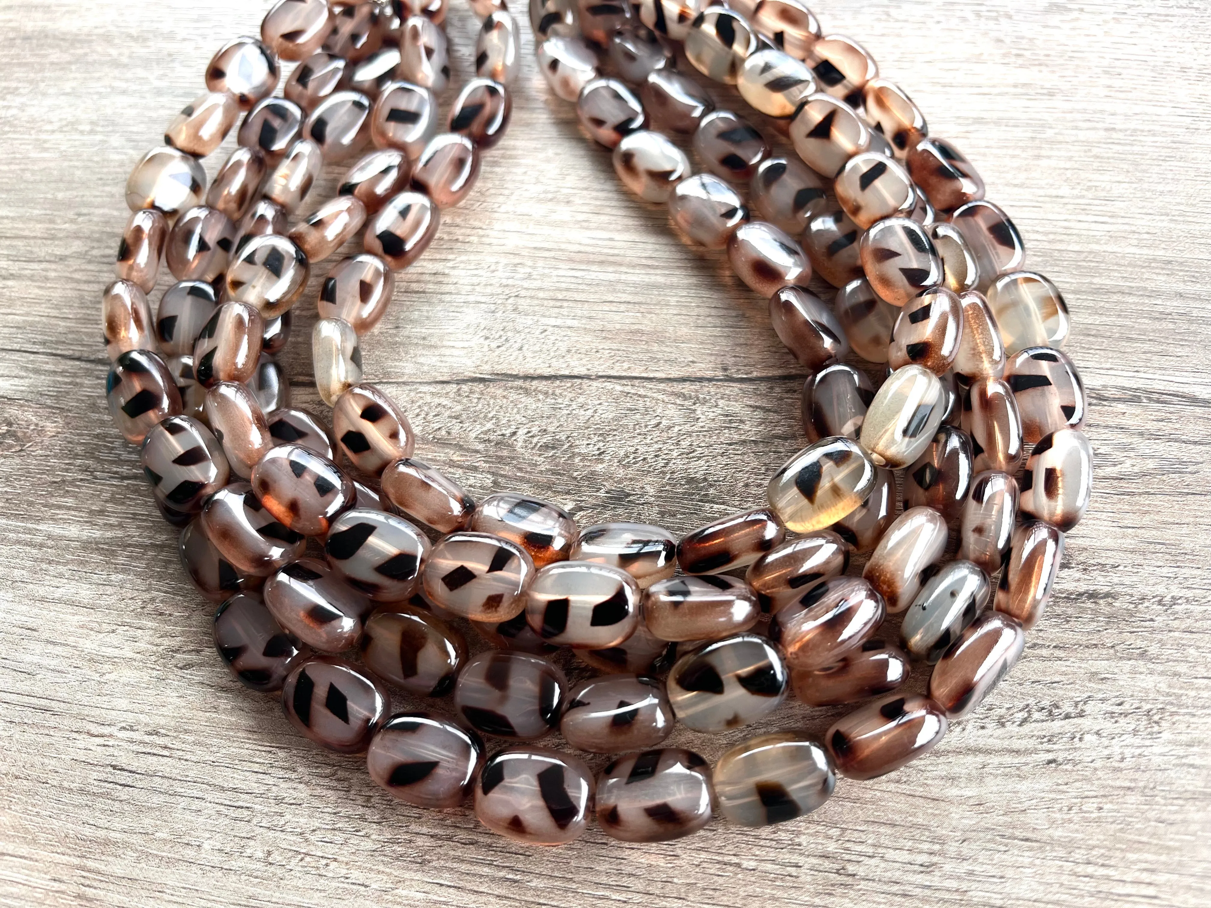 Tortoise Shell Lucite Acrylic Beaded Multi Strand Statement Necklace - Lauren