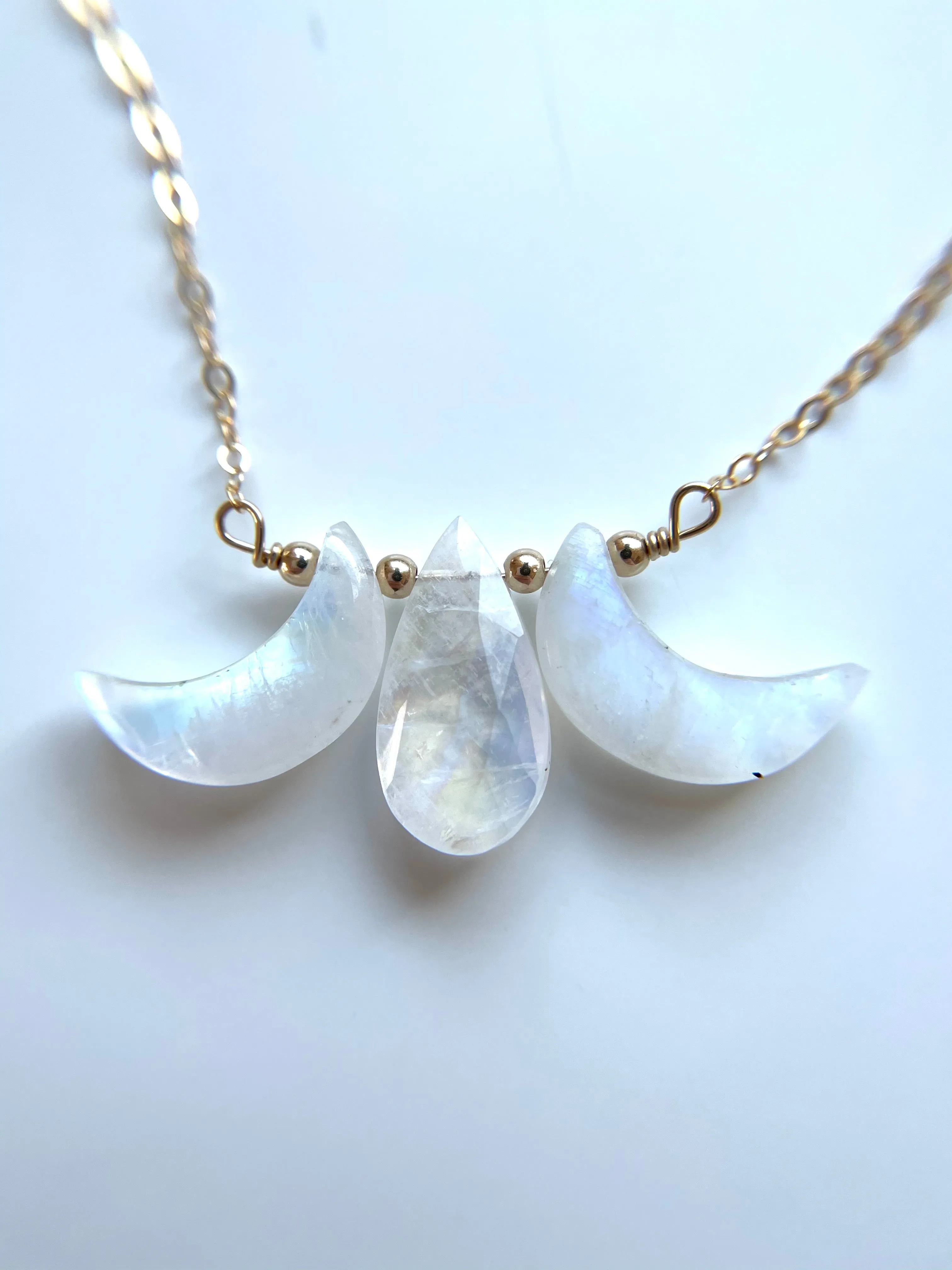 Triple Moon Goddess Necklace - Rainbow Moonstone - Orginal Design Crystal Jewelry - Moon Jewelry