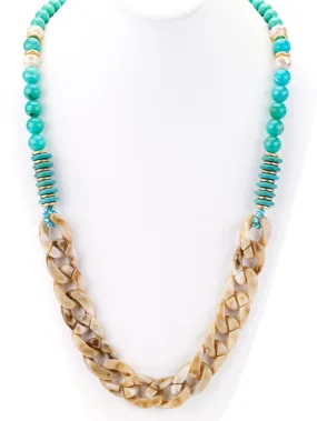 Turquoise Beads and Horn Links Long Necklace