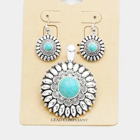 Turquoise (faux) Round Pendant Necklace & Earring Set