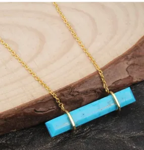 Turquoise Gemstone Gold Bar Chain Necklace 18”