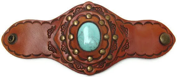 Turquoise Leather Cuff Bracelet Boho Tooled Genuine Cowhide Layered Shield Antique Brass Studs Cowgirl Hippie Festival Jewelry By Karen Kell