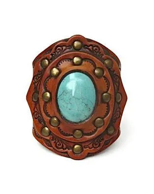 Turquoise Leather Cuff Bracelet Boho Tooled Genuine Cowhide Layered Shield Antique Brass Studs Cowgirl Hippie Festival Jewelry By Karen Kell